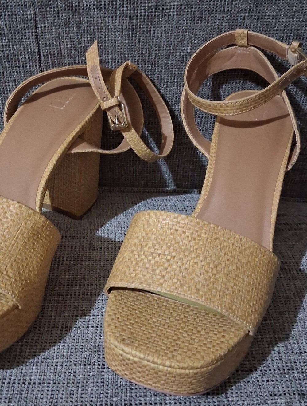 Woven Tan Platform Sandals with Ankle Strap